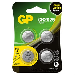 GP knapcelle, Lithium, CR2025, Safety seal, 4-pak